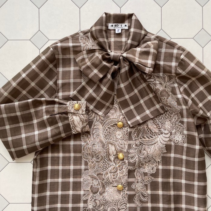 plaid × floral big bowtie blouse | Vintage.City ヴィンテージ 古着