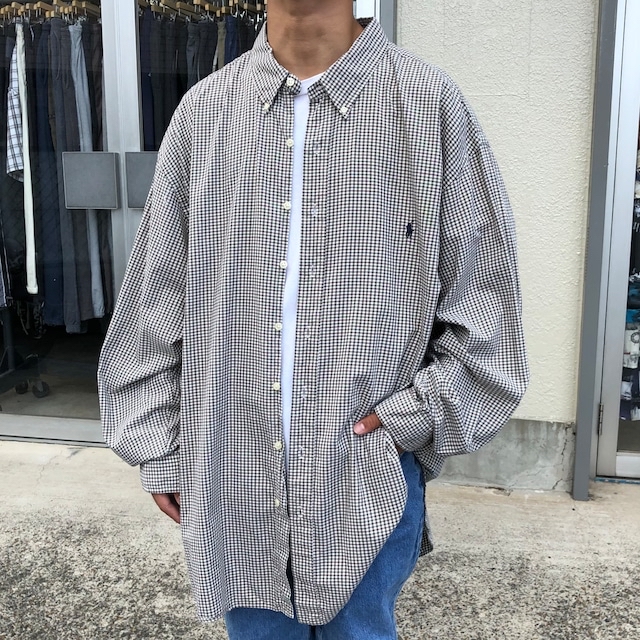 90s ラルフローレン チェックシャツ ボタンダウンシャツ 長袖 刺繍 3X 