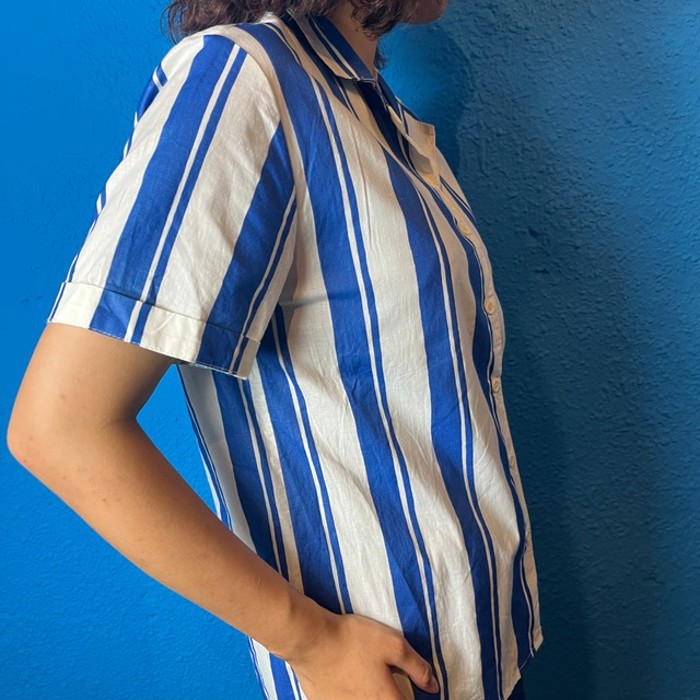 90s Blue Striped Open Collar Shirt | Vintage.City ヴィンテージ 古着