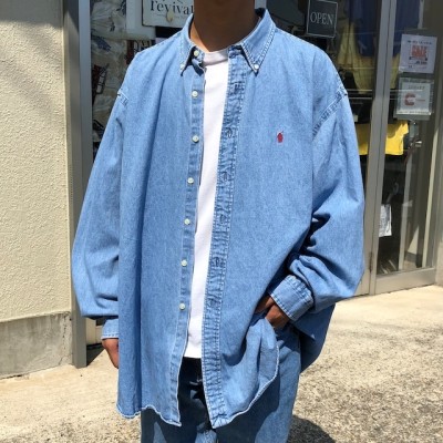 【90s デッドストック】ラルフローレン／デニムシャツ　ブレア―　刺繍ロゴ　新品