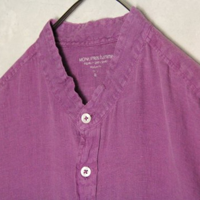 light purple no collar linen shirt | Vintage.City 古着屋、古着コーデ情報を発信