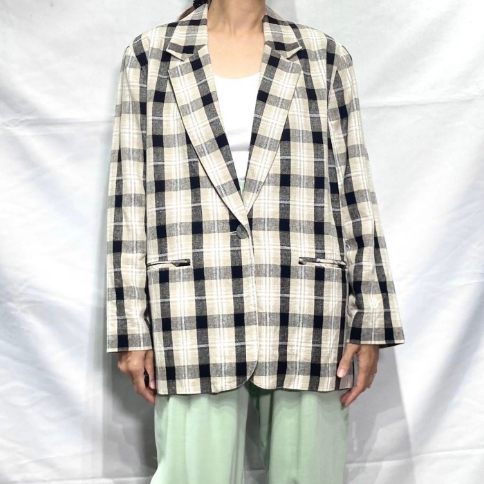 Beige plaid linen rayon tailored JKT | Vintage.City 빈티지숍, 빈티지 코디 정보