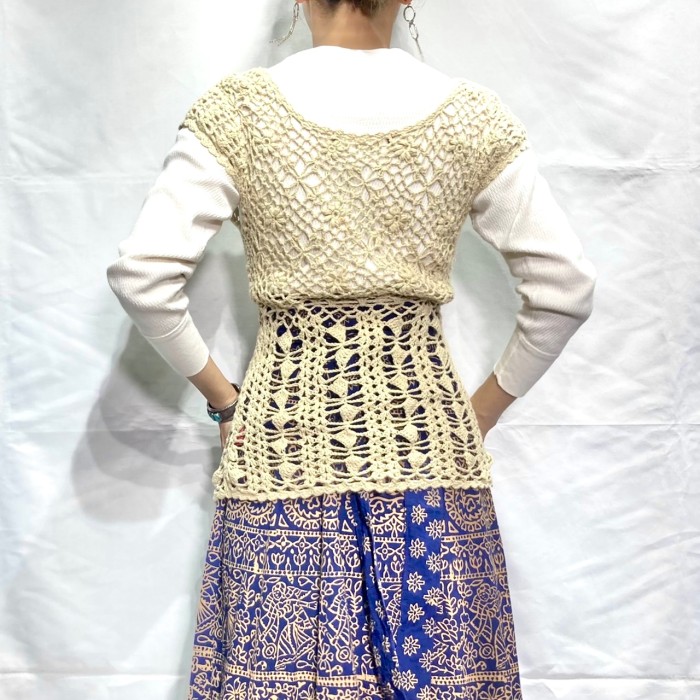 Beige crochet knit french sleeve vest | Vintage.City 빈티지숍, 빈티지 코디 정보