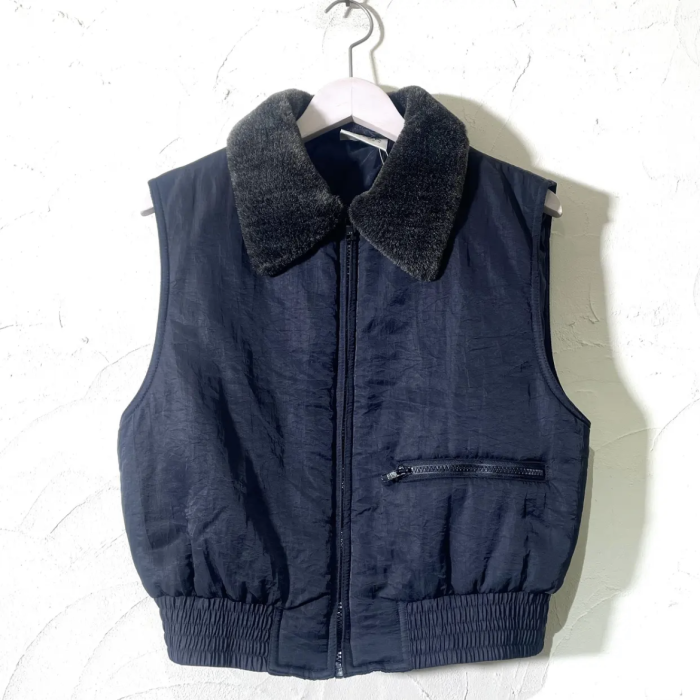 Black polyester × fake fur collar vest | Vintage.City 빈티지숍, 빈티지 코디 정보