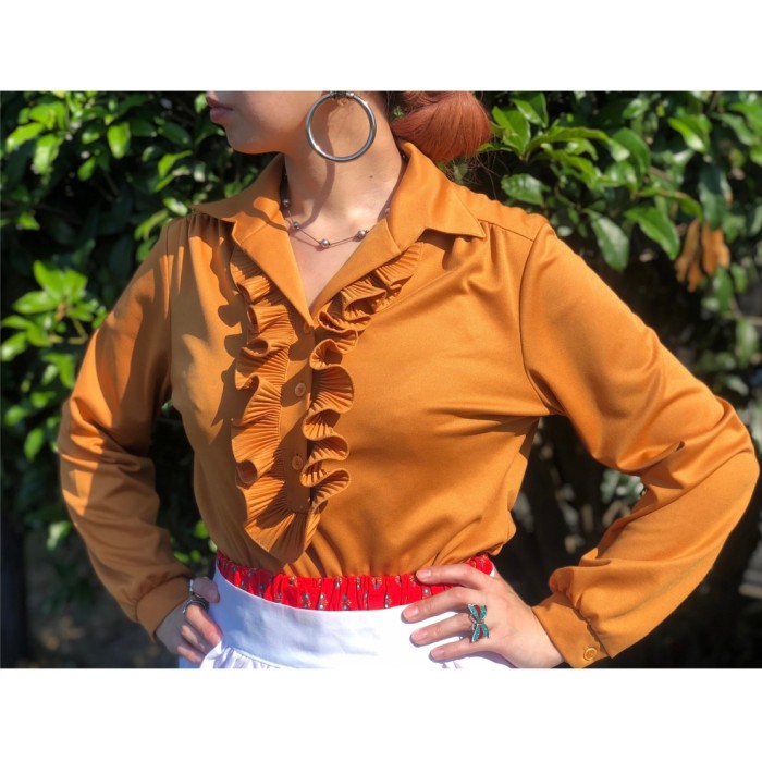 70s Mustard ruffle blouse | Vintage.City 古着屋、古着コーデ情報を発信