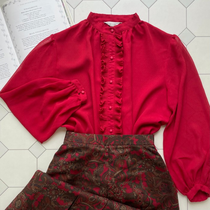 pleated frill red sheer blouse | Vintage.City 古着屋、古着コーデ情報を発信