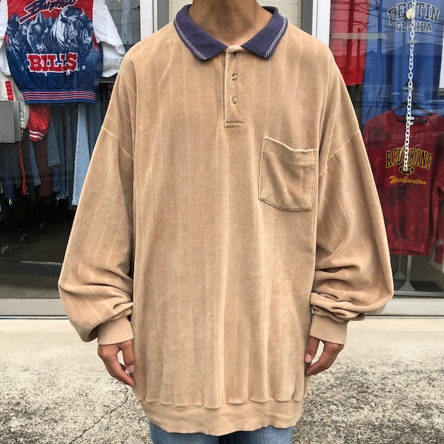 90s USA製 長袖ポロシャツ パイル タオル地 バイカラー ストリート 