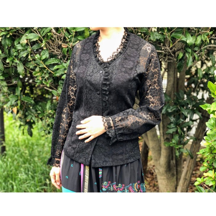 70s Black lace blouse | Vintage.City 빈티지숍, 빈티지 코디 정보