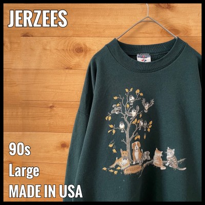 【JERZEES】90s USA製 スウェット アニマルプリント 犬猫 L 古着 