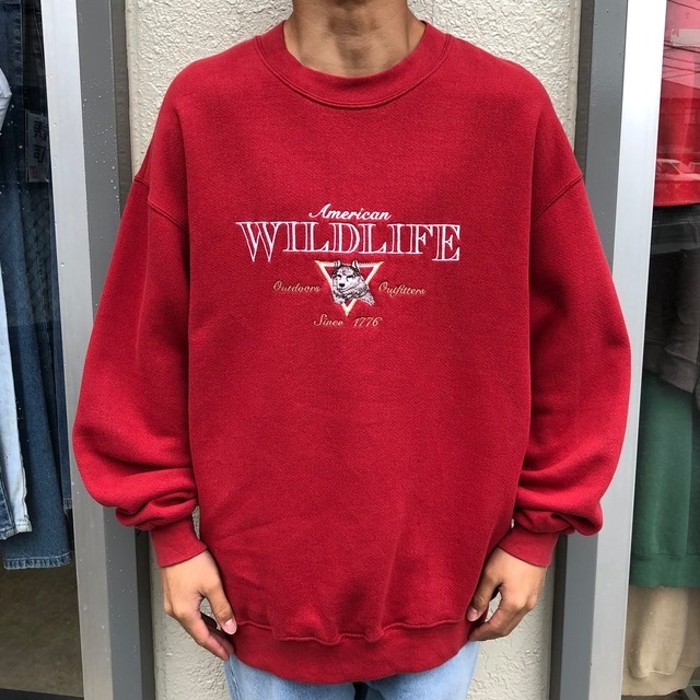 90s- アニマルスウェット トレーナー ウルフ 刺繍ロゴ 古着 ストリート