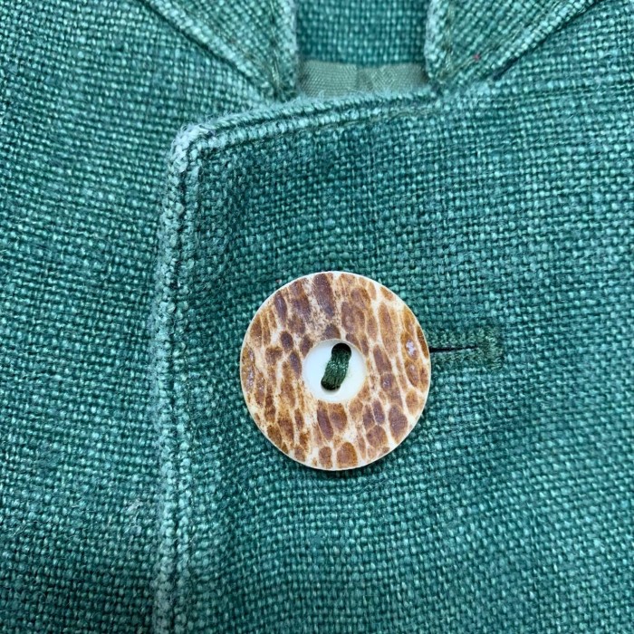ユーロヴィンテージ リネン ノーカラー チロリアンジャケット 革ポケット 刺繍