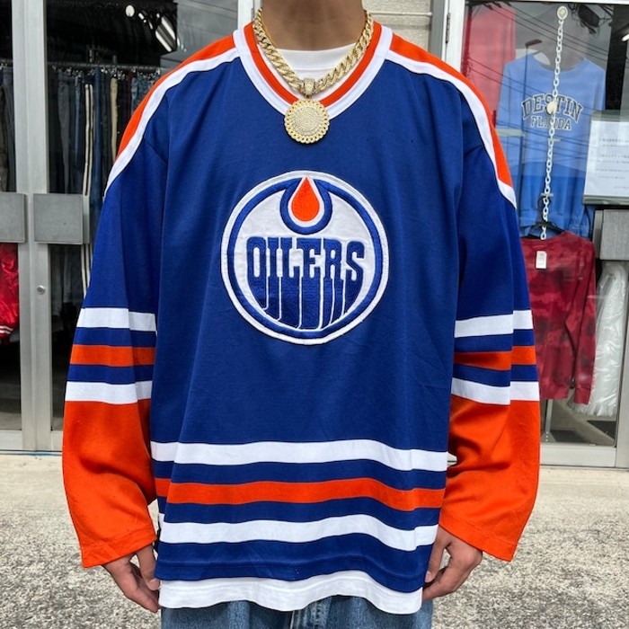90s NHL エドモントンオイラーズ フリースジャケット ブルー 刺繍 古着