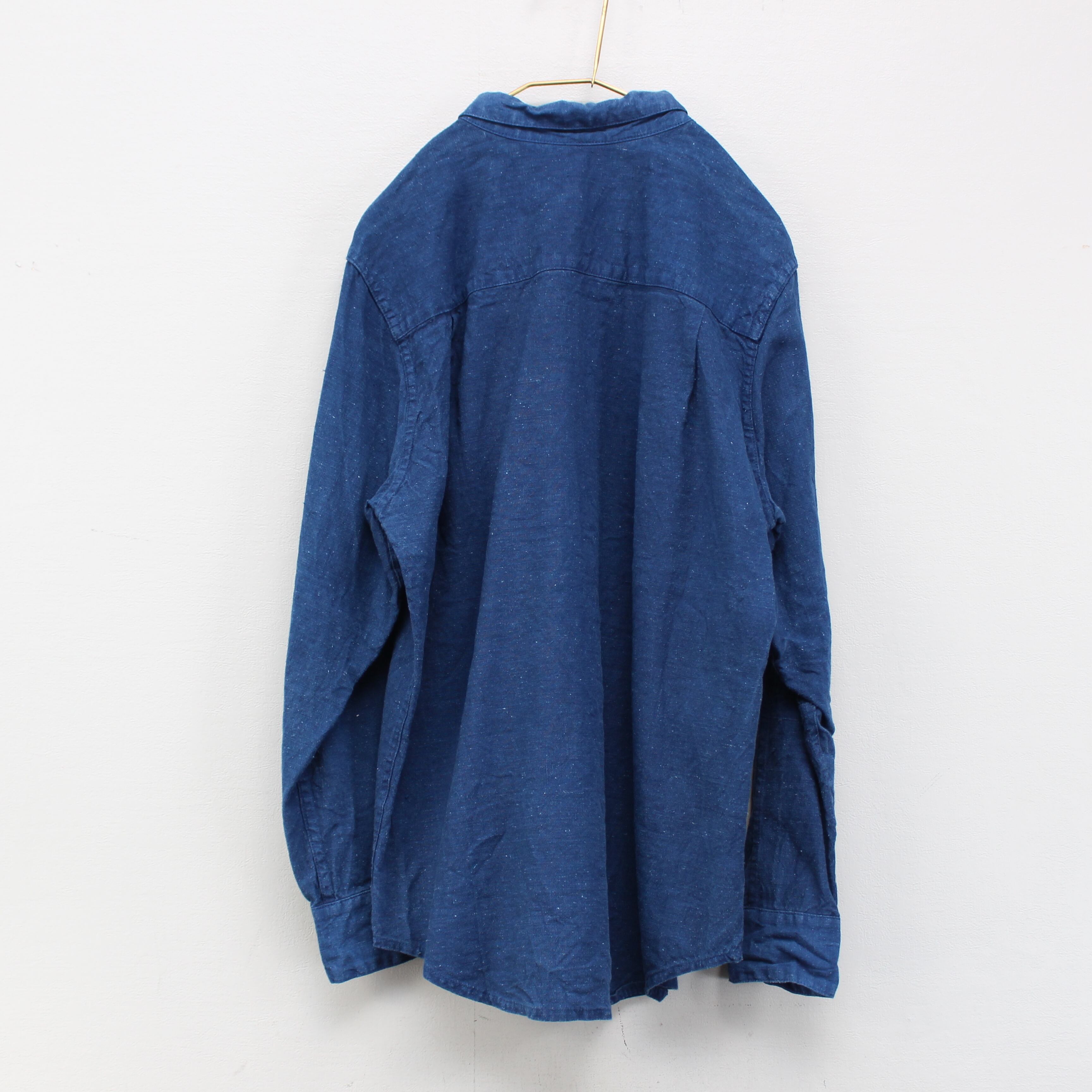 フランスアンティークリネンリメイクオーバーダイデザインシャツ(藍染)(メンズ)