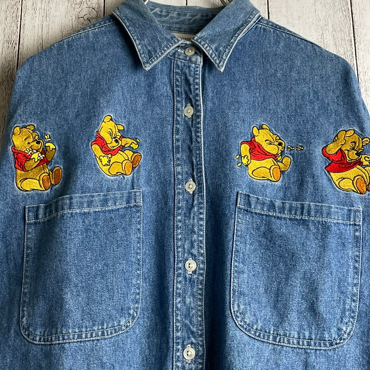 Disney  激レア 90s old Pooh 刺繍 ワイド  デニムシャツ