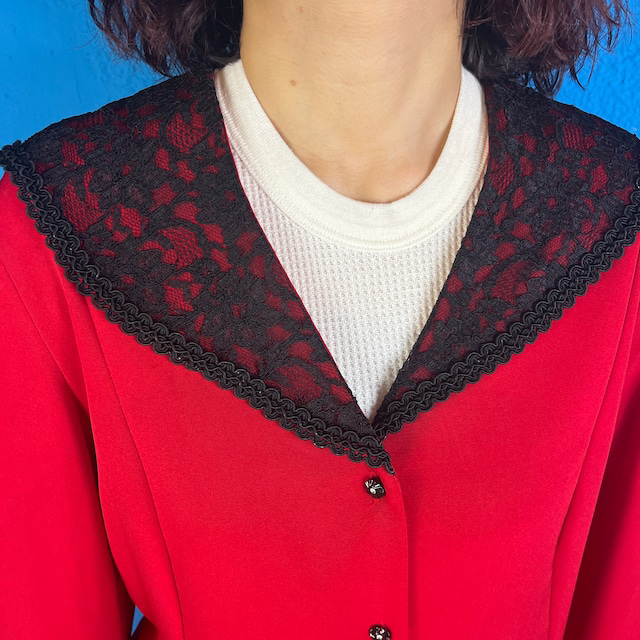 90s Black Lace Collar Red Blouse