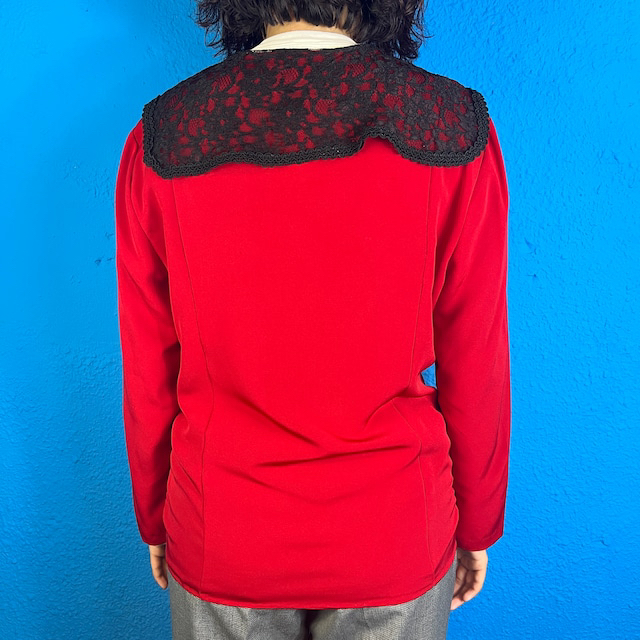 90s Black Lace Collar Red Blouse