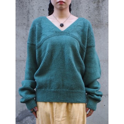 Hand knit ハントニット Vネックセーター ターコイズブルー | Vintage.City
