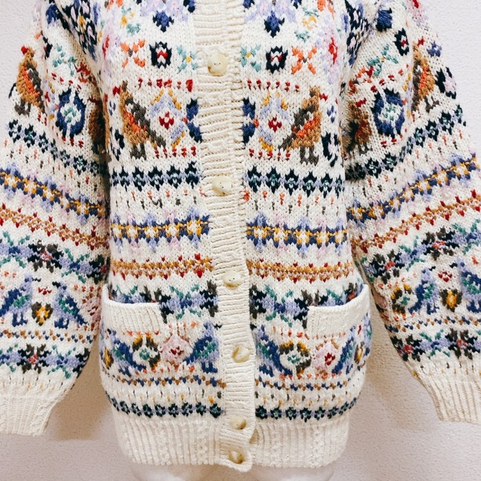 ヴィンテージ ニットカーディガン 白 花柄 鳥柄 vintage knit