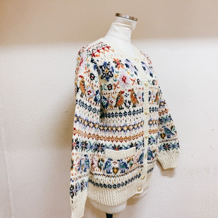 ヴィンテージ ニットカーディガン 白 花柄 鳥柄 vintage knit 