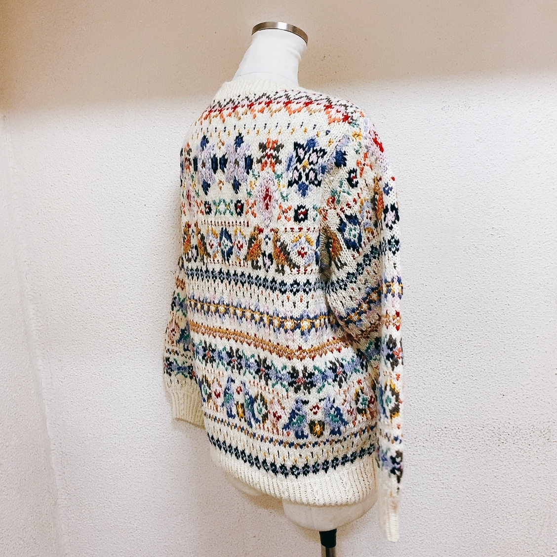 ヴィンテージ ニットカーディガン 白 花柄 鳥柄 vintage knit 