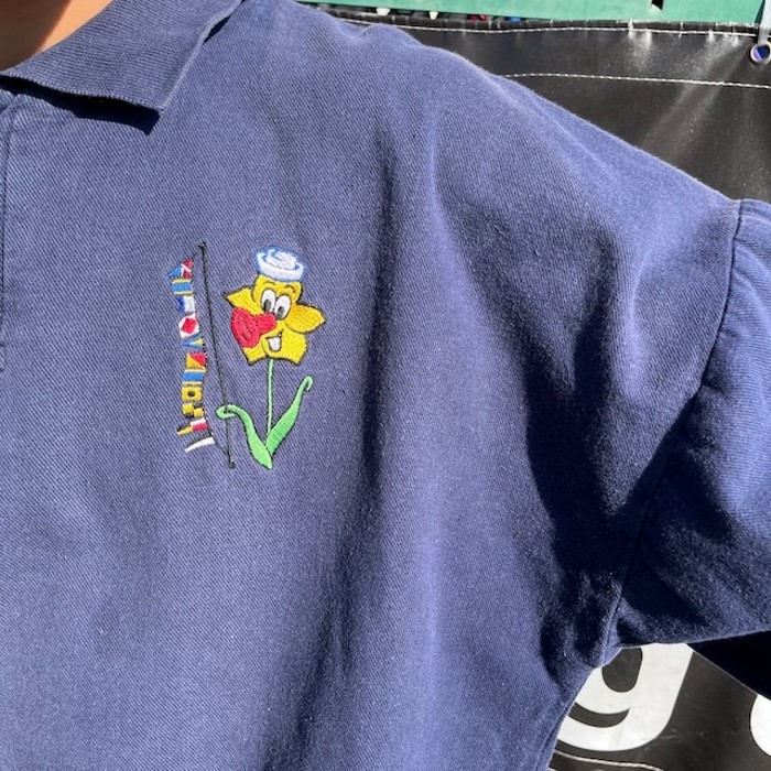 90s- USA製 デザインスウェット 長袖ポロ 刺繍デザイン ワンポイント 