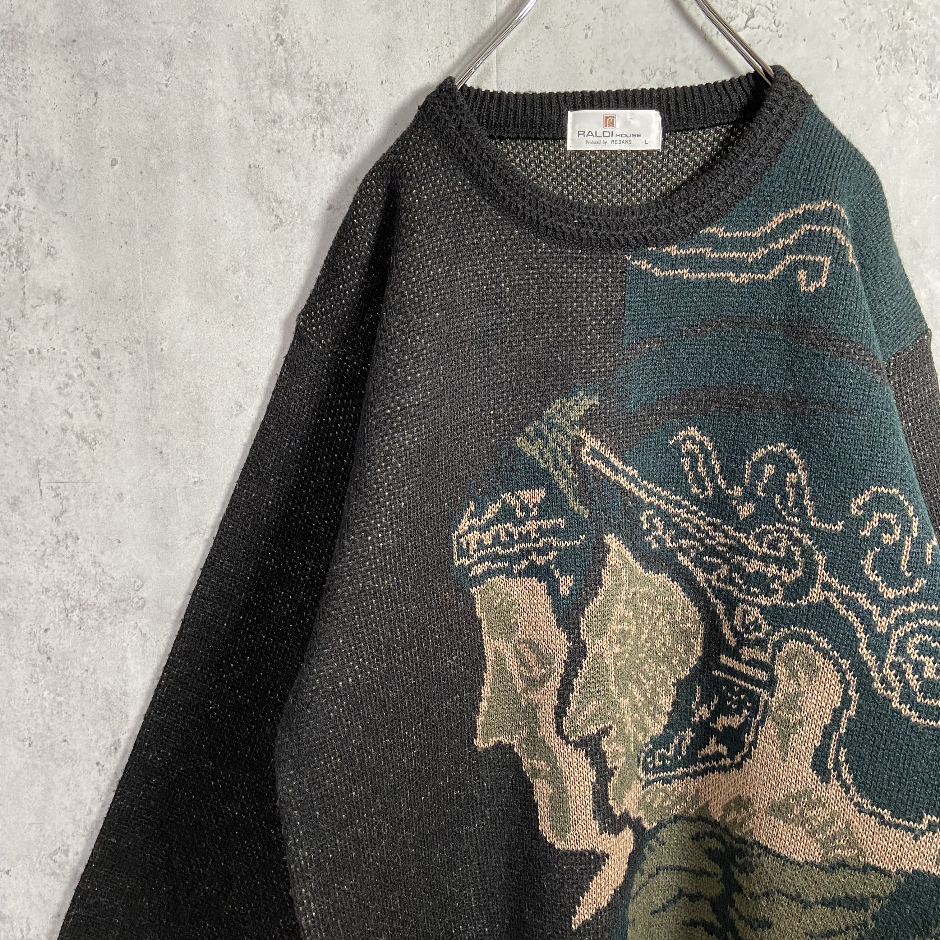 古着日本製一点物個性的】レトロ感 デザインニットセーター 人の顔 黒