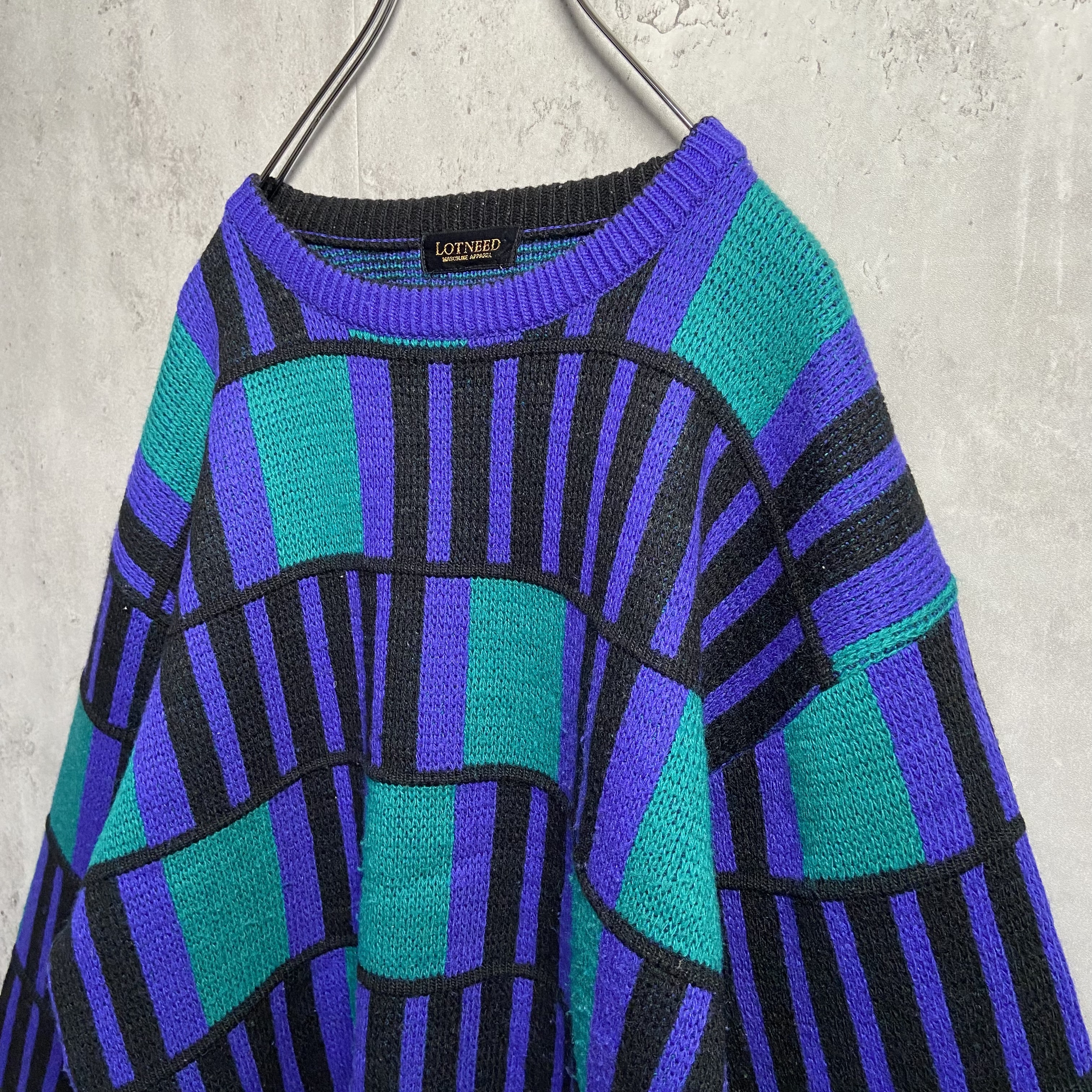 古着一点物個性的】レトロ感 デザインニットセーター 奇抜カラー 