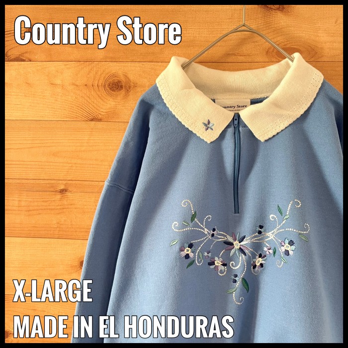 country store】かわいい系 襟付き 刺繍 ハーフジップ XL 古着 
