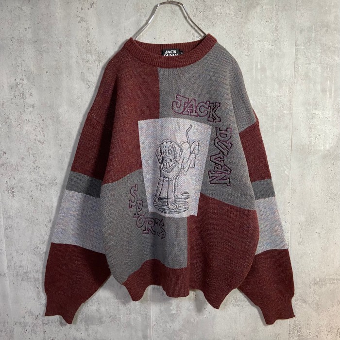 ヴィンテージ ウールデザインニット セーター 刺繍 個性派ニット グレー M