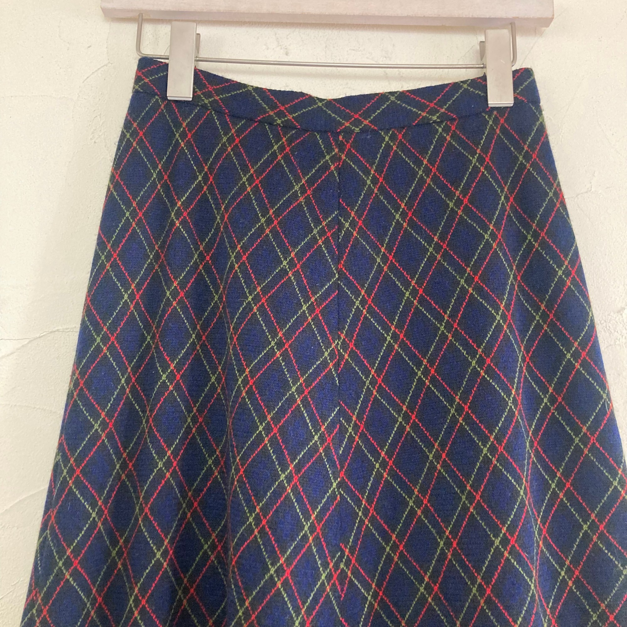 Navy plaid pattern wool maxi flare skirt