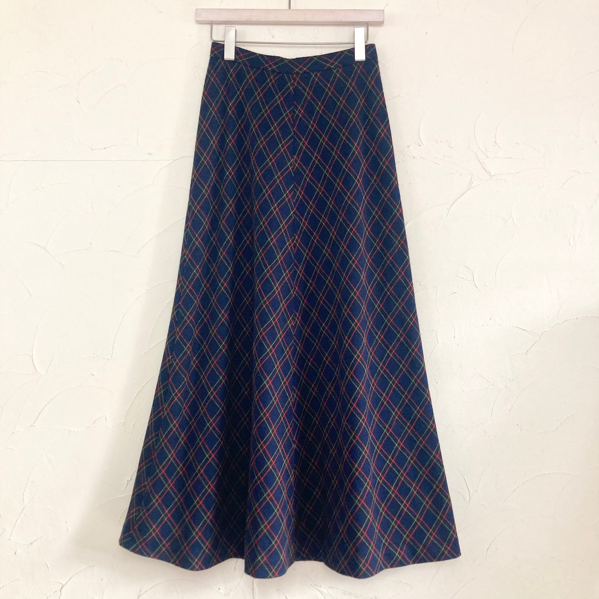 Navy plaid pattern wool maxi flare skirt
