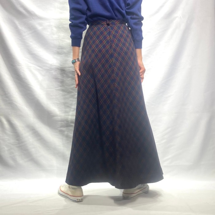 Navy plaid pattern wool maxi flare skirt | Vintage.City ヴィンテージ 古着