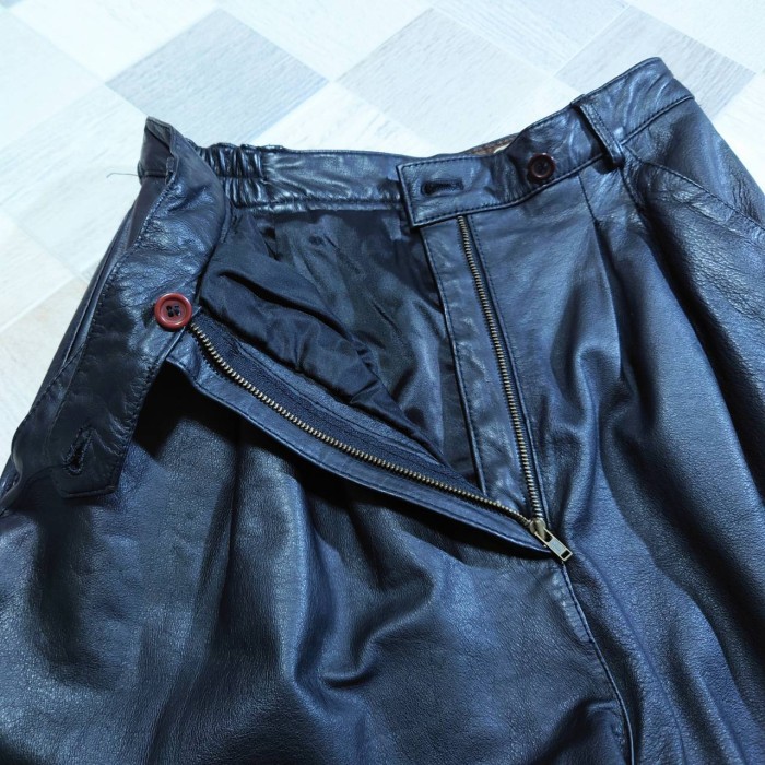 CLEF ツータック レザー パンツ ブラック サイズ11 両脇ゴム 裏地付き | Vintage.City 빈티지숍, 빈티지 코디 정보