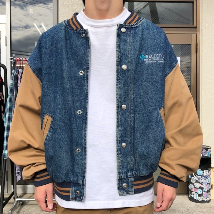 【人気】デニムスタジャンジャケット刺繍ロゴデザインストリートヴィンテージ送料無料
