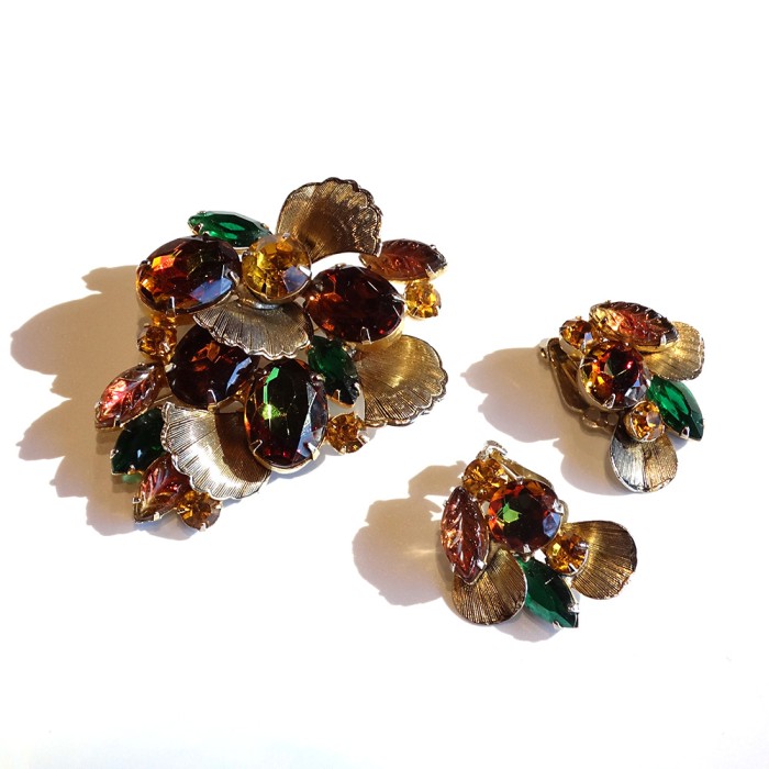 Rhinestone Leaf Earrings × Brooch Set | Vintage.City 古着屋、古着コーデ情報を発信