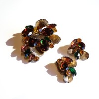 Rhinestone Leaf Earrings × Brooch Set | Vintage.City 빈티지숍, 빈티지 코디 정보