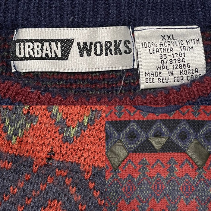 【URBAN WORKS】韓国製 柄ニット 総柄 レザーパッチ XXL US古着 | Vintage.City 빈티지숍, 빈티지 코디 정보