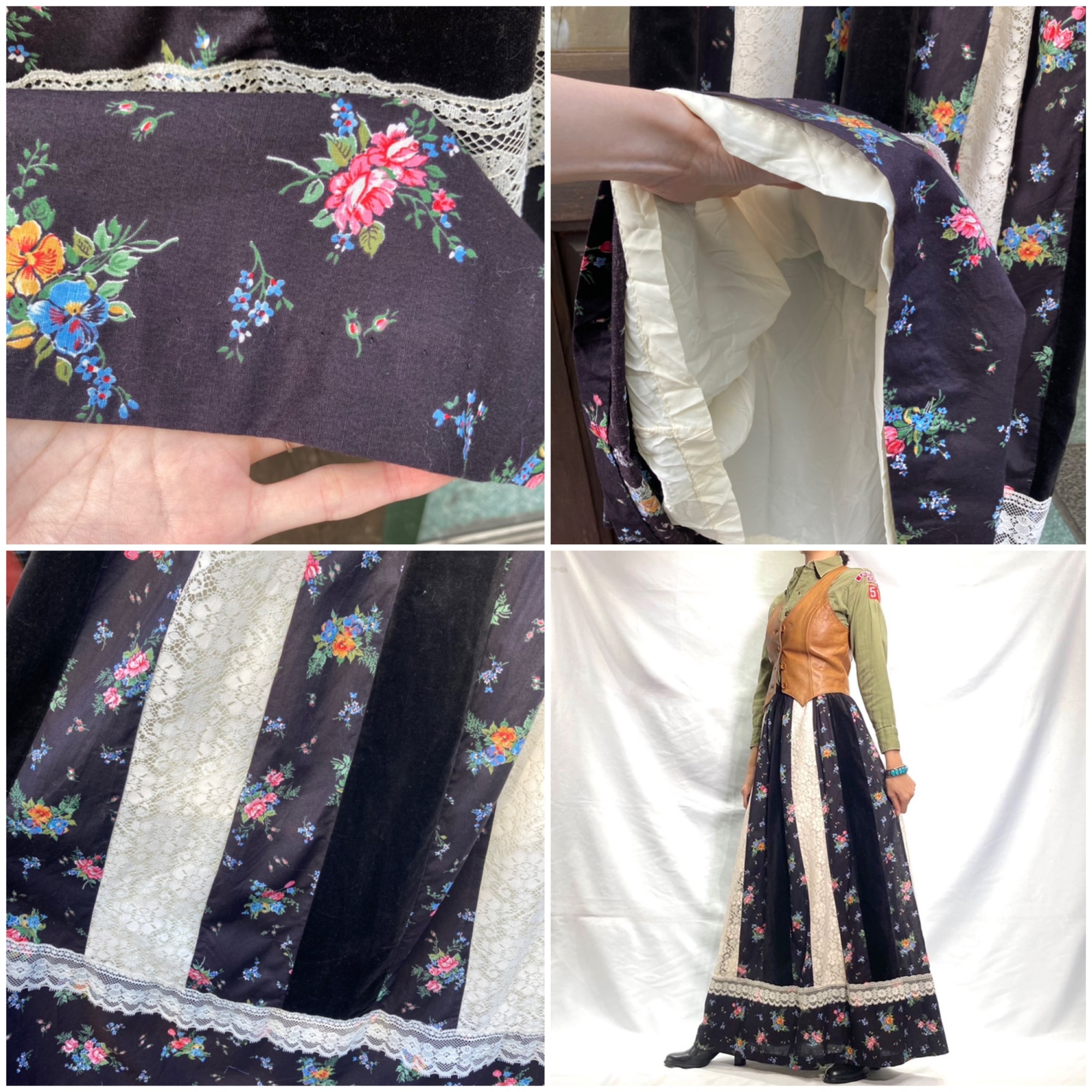 70s panel design / floral maxi skirt