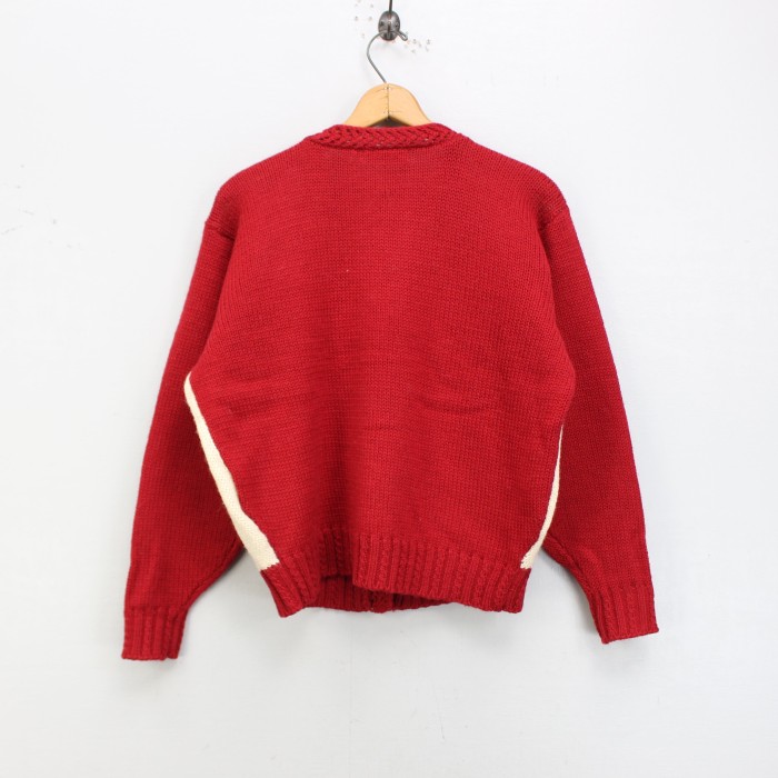 レトロ 赤 レッド カラー 刺繍 デザイン ウール ニット セーター ブルゾン-