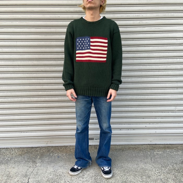 6,150円90s 香港製　ポロ スポーツ アメリカ国旗　ウールセーター　メンズ L