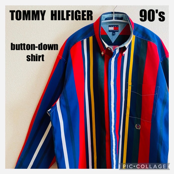 トミーヒルフィガー 90s 旧刺繍ロゴ 長袖 ボタンダウン シャツ XL