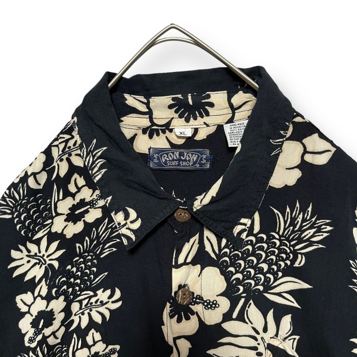 RON JON rayon whole pattern aloha shirt レーヨン 総柄 パイナップル ハイビスカス アロハシャツ ブラック 黒 | Vintage.City ヴィンテージ 古着
