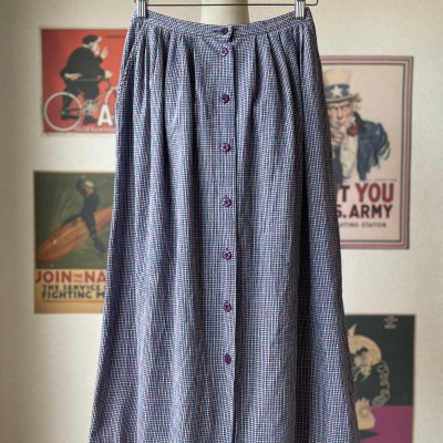 チェック柄 ロングスカート フラワーボタン ブルー | Vintage.City ヴィンテージ 古着