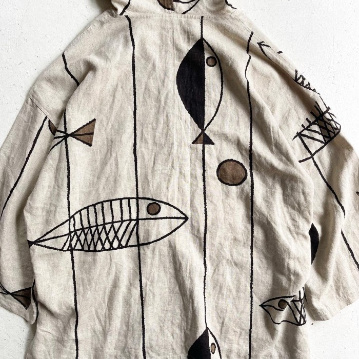 Linen×VISCOSE Fish Pattern Hooded Jacket | Vintage.City 古着屋、古着コーデ情報を発信