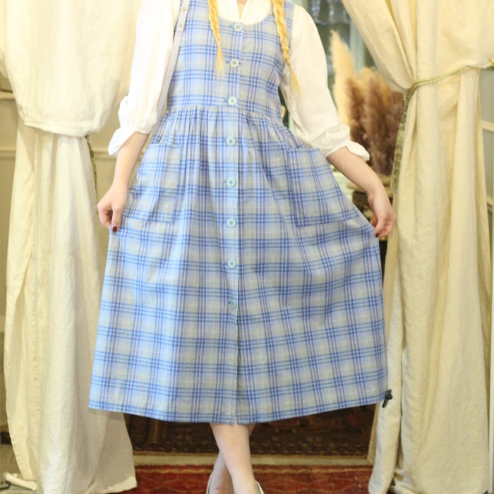 FRENCH VINTAGE CHECK PATTERNED NO SLEEVE ONE PIECE/フランス古着 ...