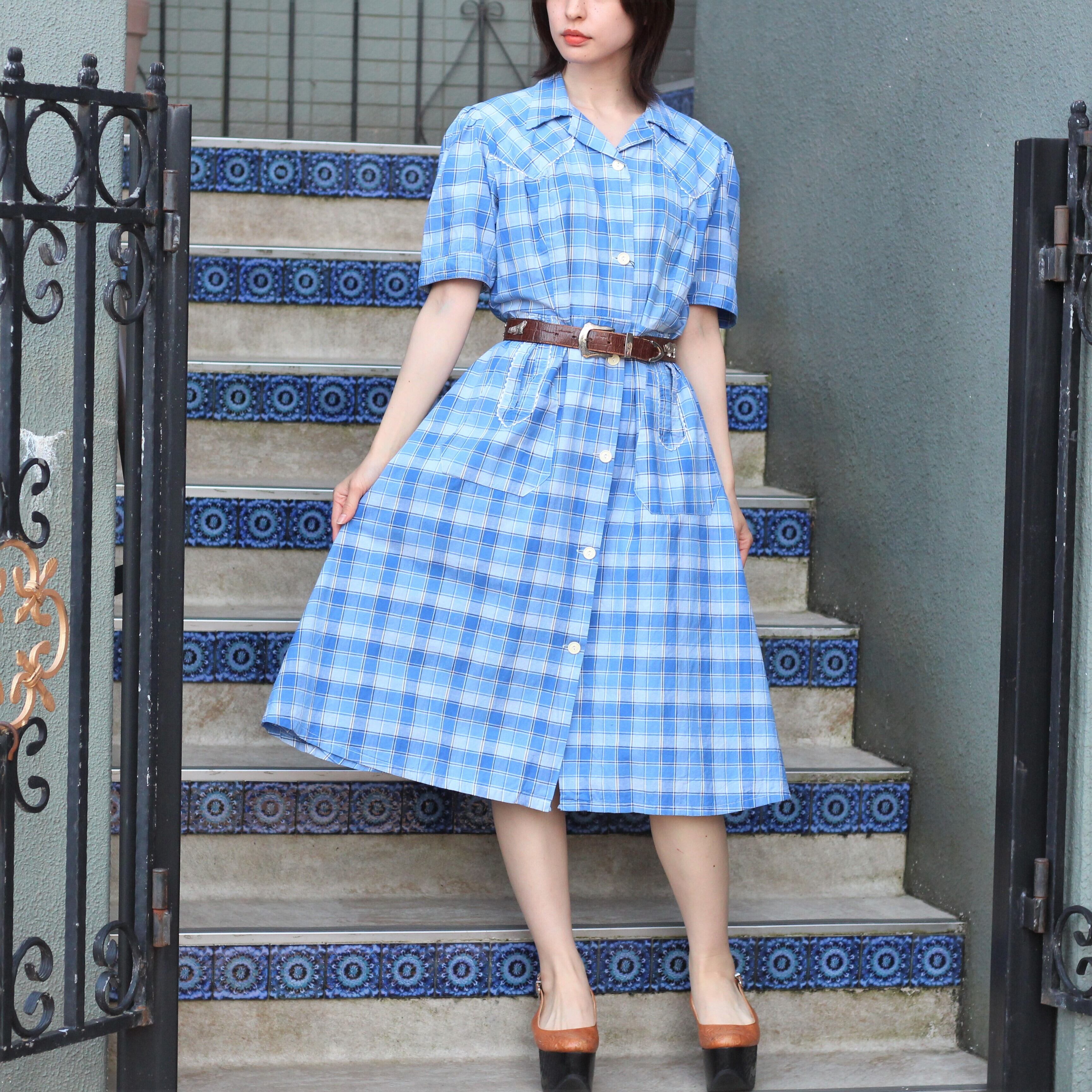 FRENCH VINTAGE CHECK PATTERNED DESIGN ONE PIECE/フランス古着