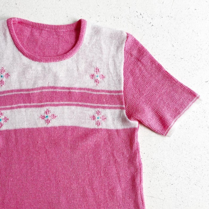 1970s S/S Pink Border Design Knit Tops | Vintage.City 빈티지숍, 빈티지 코디 정보