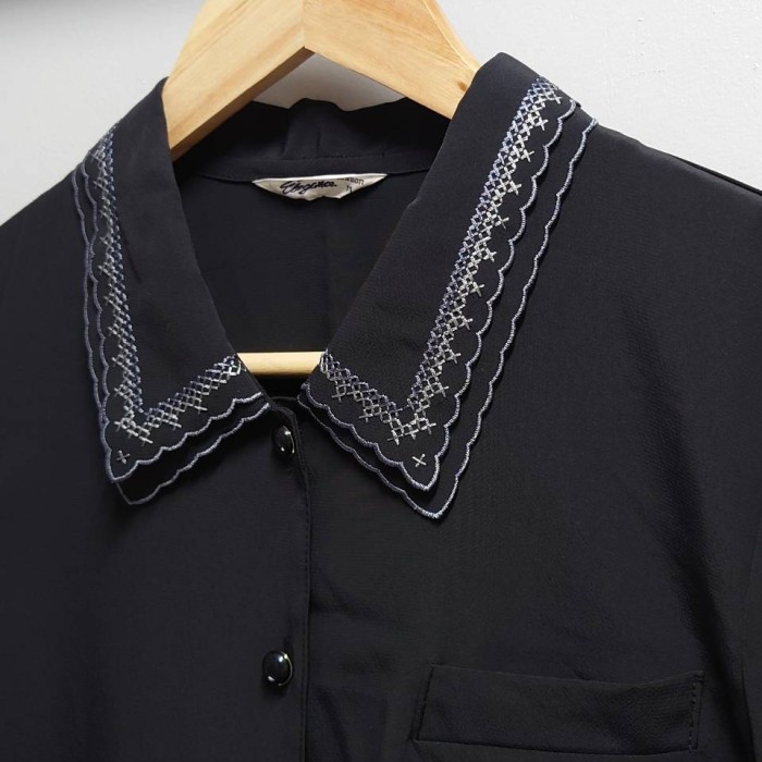 Elegance fashion ポリエステル 刺繍 二重襟 ブラウス ブラック | Vintage.City 빈티지숍, 빈티지 코디 정보