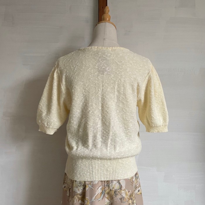 button design boucle summer knit 〈レトロ古着 ボタンデザイン ブークレ サマーニット アイボリー 日本製〉 | Vintage.City 빈티지숍, 빈티지 코디 정보