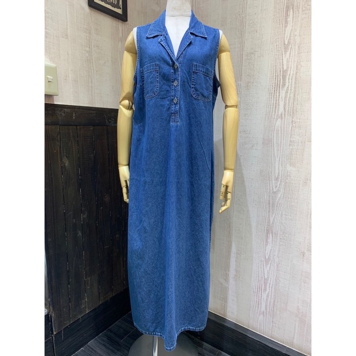 90s FADED GLORY JEANS CO オープンカラー ノースリーブ デニム ロング ワンピース ドレス | Vintage.City 古着屋、古着コーデ情報を発信